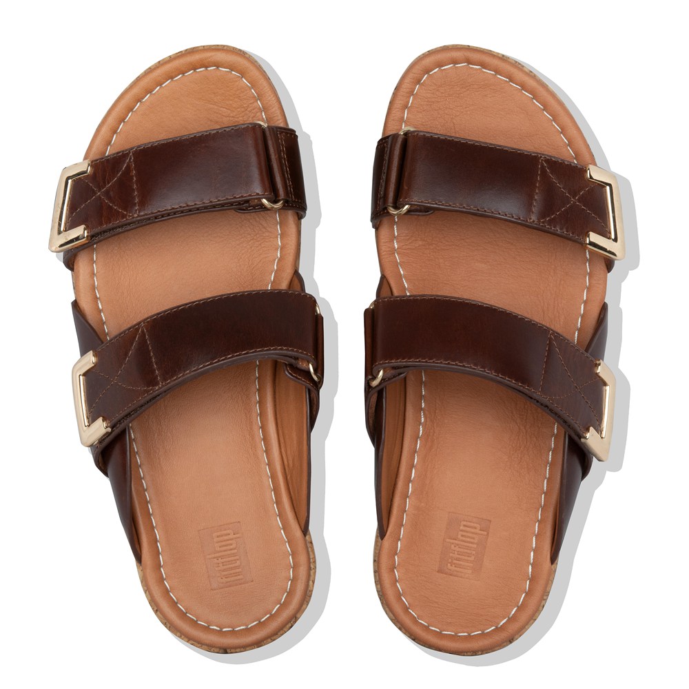 Fitflop Womens Slides - Remi Adjustable Leather - Dark Brown - 974-ITYCOB